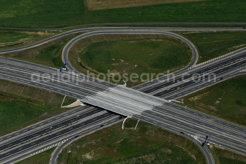 Aerial photograph Wöbbelin - Site of the highway triangle Schwerin on the motorway BAB A14 and A24 at Woebbelin in Mecklenburg - Western Pomerania
