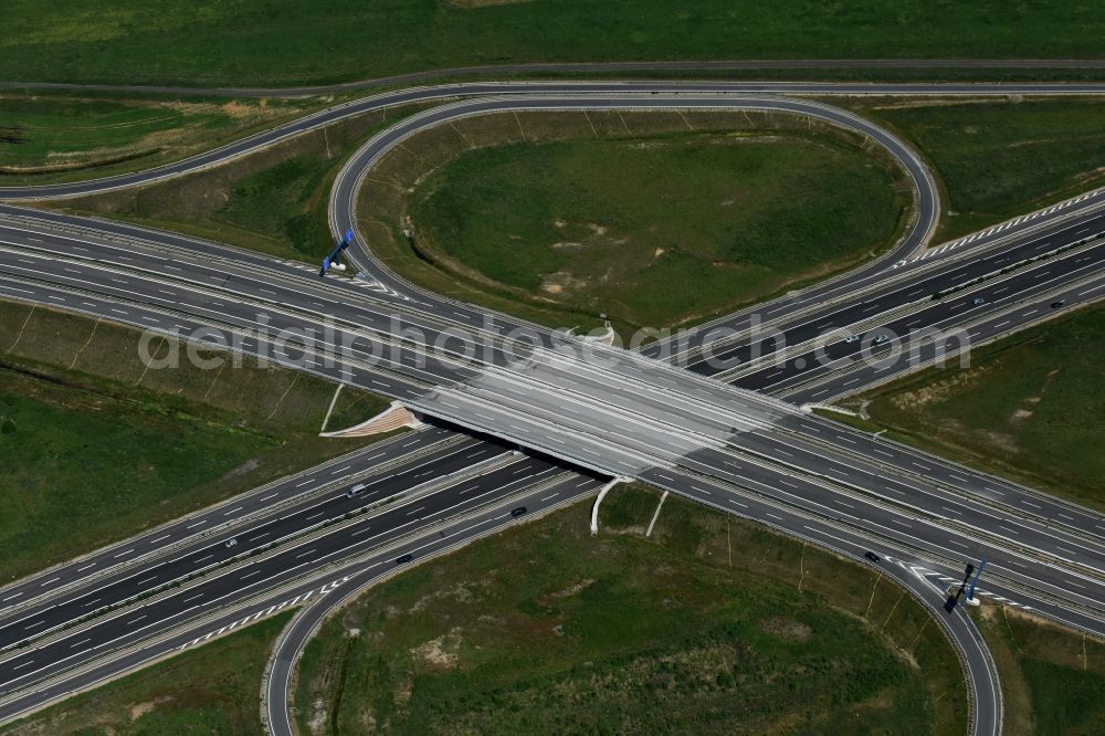 Wöbbelin from above - Site of the highway triangle Schwerin on the motorway BAB A14 and A24 at Woebbelin in Mecklenburg - Western Pomerania