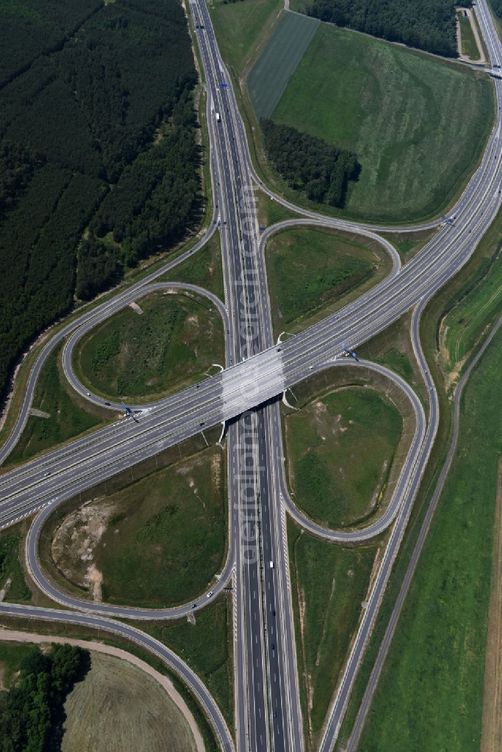 Aerial photograph Wöbbelin - Site of the highway triangle Schwerin on the motorway BAB A14 and A24 at Woebbelin in Mecklenburg - Western Pomerania