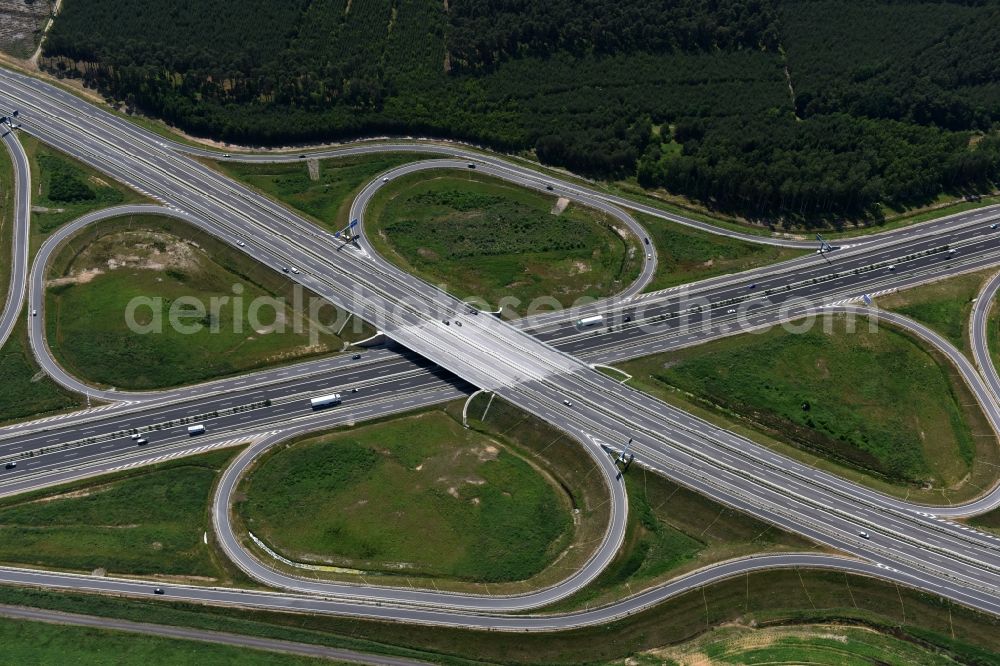 Aerial image Wöbbelin - Site of the highway triangle Schwerin on the motorway BAB A14 and A24 at Woebbelin in Mecklenburg - Western Pomerania