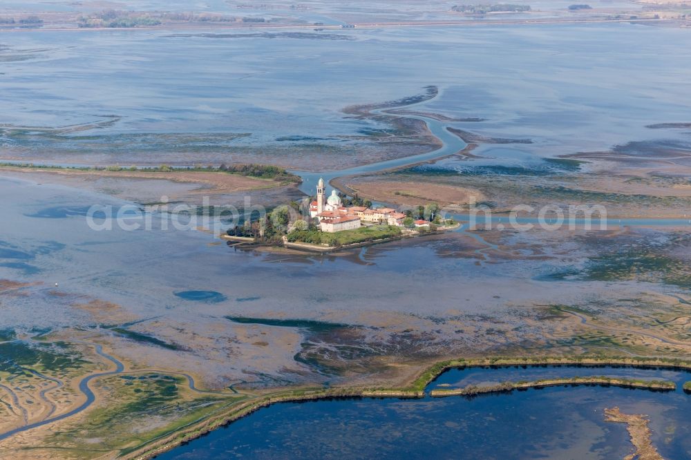 Aerial photograph Grado - Coastal area of the Adria - Island and monastery of Santuario Di Barbana in Grado in Friuli-Venezia Giulia, Italy