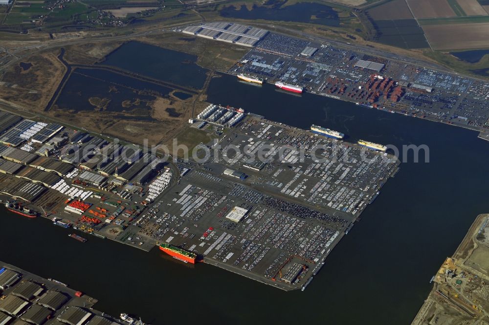 Antwerpen from the bird's eye view: AET - Automotive and vehicle loading and logistics terminal at Waaslandkanaal in the overseas port Kanaaldock in Antwerp, Belgium