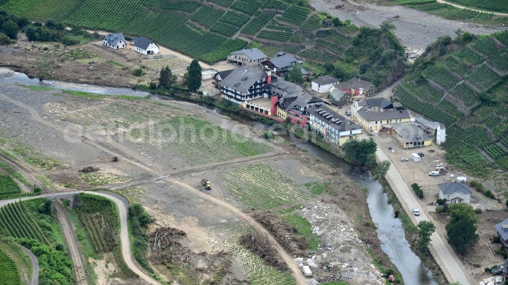 Aerial image Mayschoß - Course of the river at Mayschoss Lochmuehle after the flood disaster in the Ahr valley this year in the state Rhineland-Palatinate, Germany