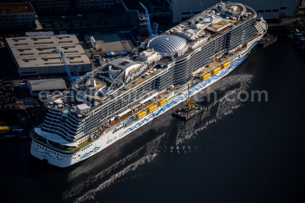 Aerial photograph Papenburg - Cruise ship AIDAcosma on the shipyard of the Meyer Werft in Papenburg in the state Lower Saxony, Germany