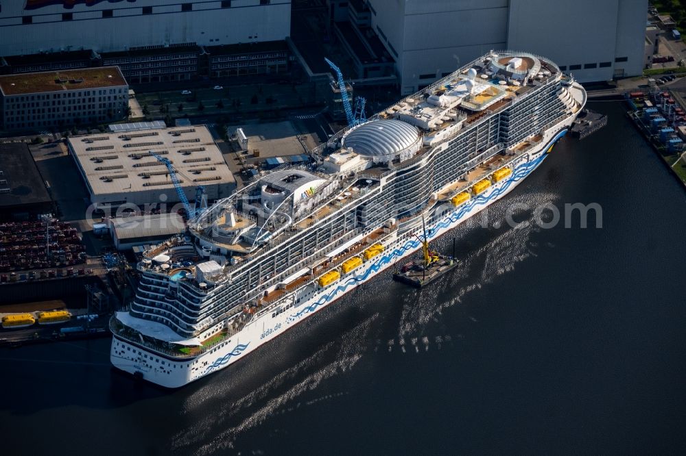 Papenburg from above - Cruise ship AIDAcosma on the shipyard of the Meyer Werft in Papenburg in the state Lower Saxony, Germany