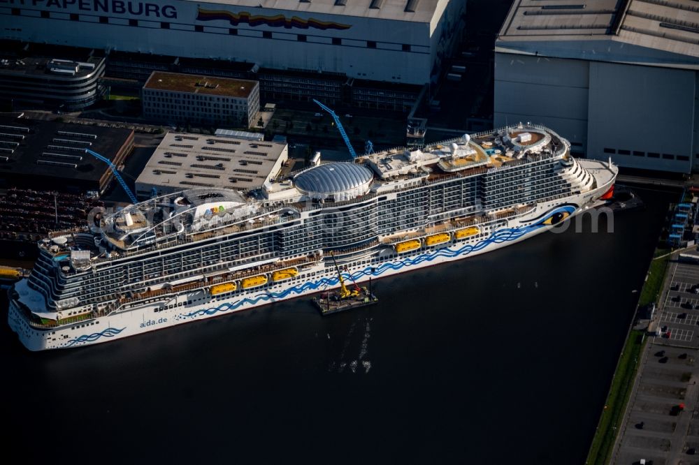 Papenburg from the bird's eye view: Cruise ship AIDAcosma on the shipyard of the Meyer Werft in Papenburg in the state Lower Saxony, Germany