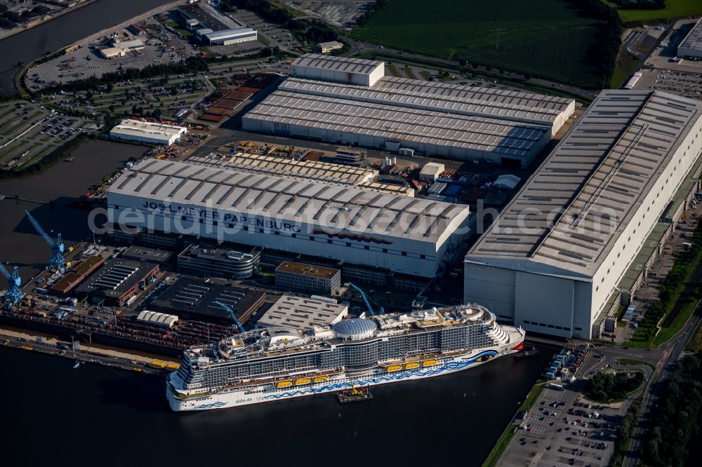 Aerial image Papenburg - Cruise ship AIDAcosma on the shipyard of the Meyer Werft in Papenburg in the state Lower Saxony, Germany