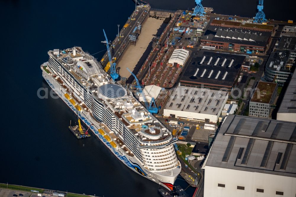 Papenburg from the bird's eye view: Cruise ship AIDAcosma on the shipyard of the Meyer Werft in Papenburg in the state Lower Saxony, Germany