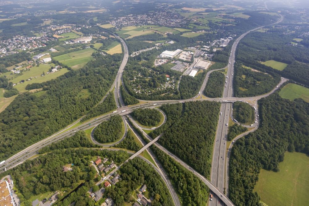 Aerial image Sprockhövel - AK Wuppertal-Nord in Sprockhövel in Ennepe-Ruhr-Kreis in North Rhine-Westfalen.Es joins the Federal Highway 1, with the Federal Highway 43 and the Federal Highway 46 and the road 326.Als one of the few in Germany is the cross not developed fully grade-and at the same time has a very unusual design