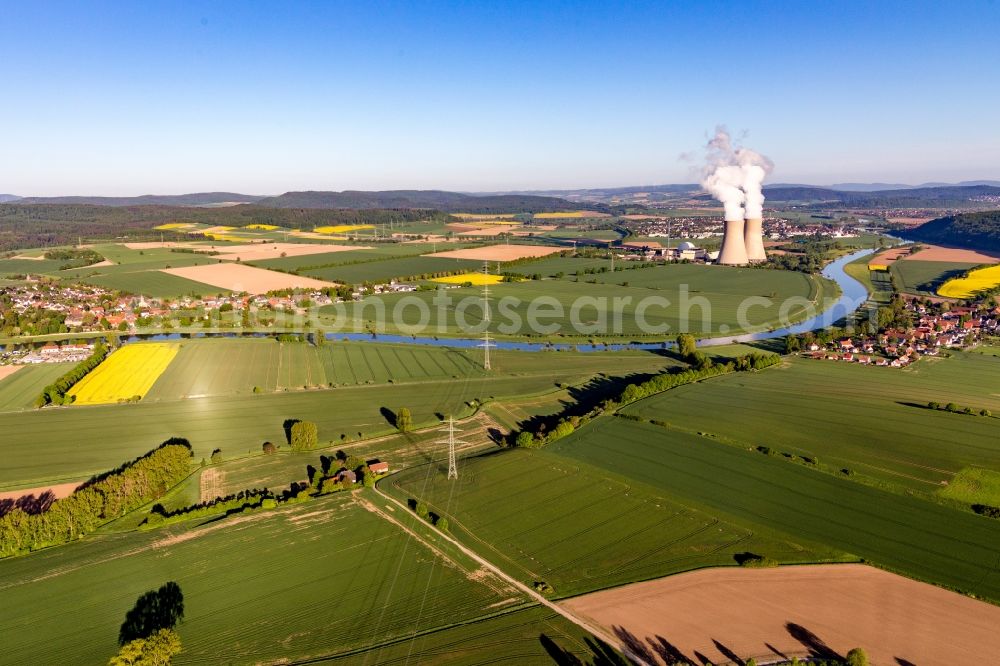 Grohnde from the bird's eye view: Building remains of the reactor units and facilities of the NPP nuclear power plant Grohnde on the river Weser in Grohnde in the state Lower Saxony, Germany