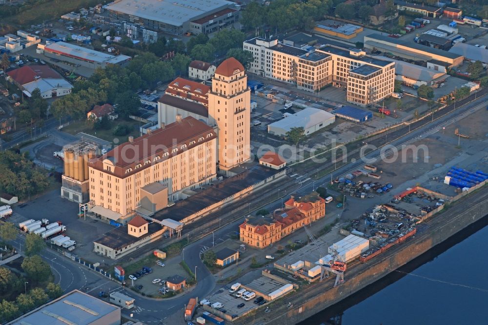 Aerial photograph Dresden - Alberthafen with harbour mill in the morning light in Dresden in the state Saxony, Germany