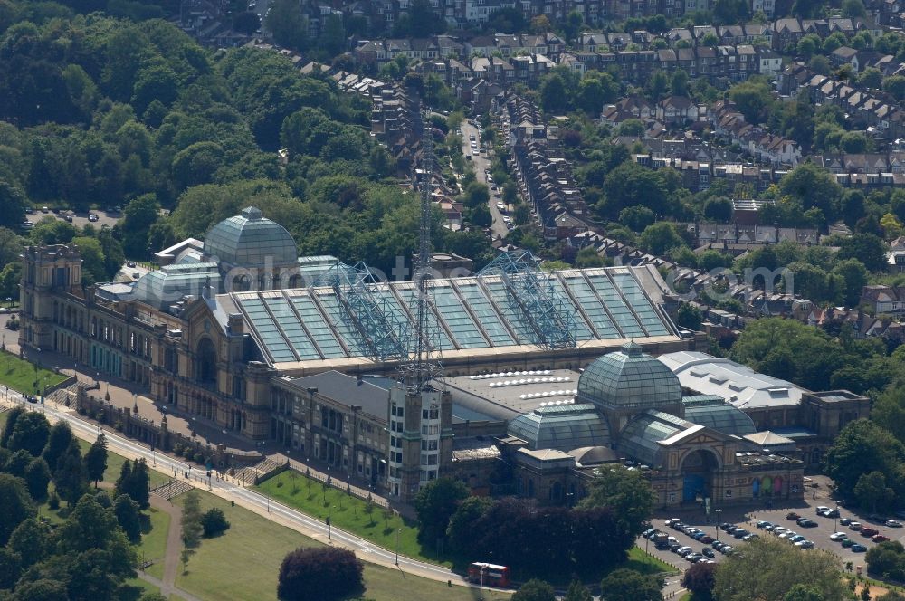 Aerial image London - View at the Alexandra Palace in the district Haringey in London in the county of Greater London in the UK. Alexandra Palace is since 130 years the events center for banquets, sports, music and all kinds of events in England. The building also contains a lot of leisure facilities. The BBC broadcasts its news programs from the palace' North Tower. Operator is the Alexandra Palace Trading Limited