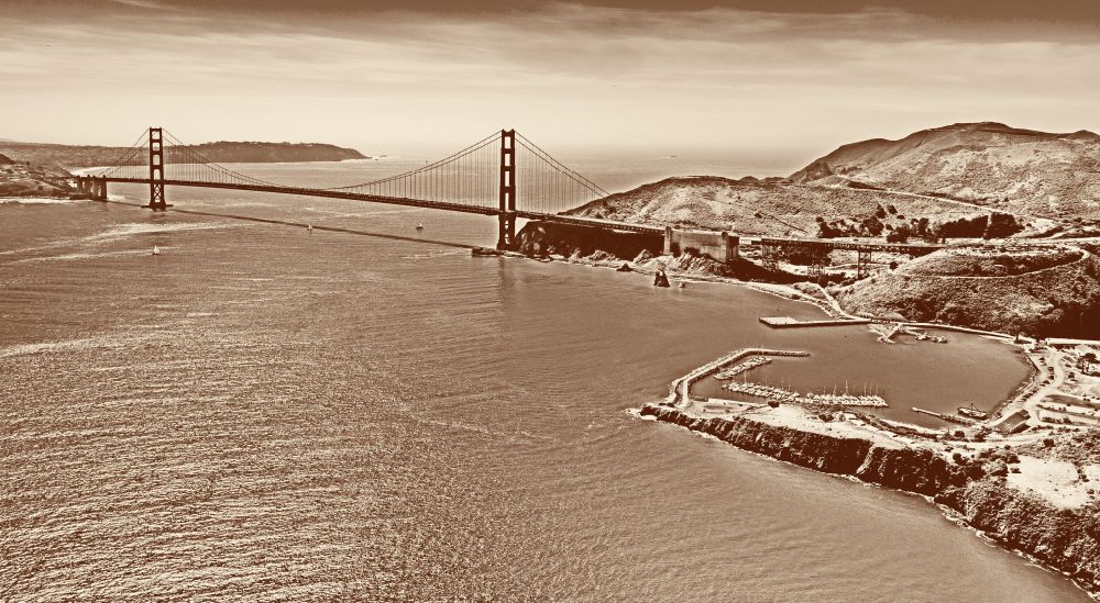 San Francisco from above - Historic Old Bridge Golden Gate Bridge in San Francisco in California, United States of America