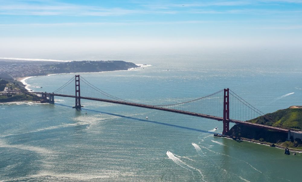 Aerial image San Francisco - Historic Old Bridge Golden Gate Bridge in San Francisco in California, United States of America