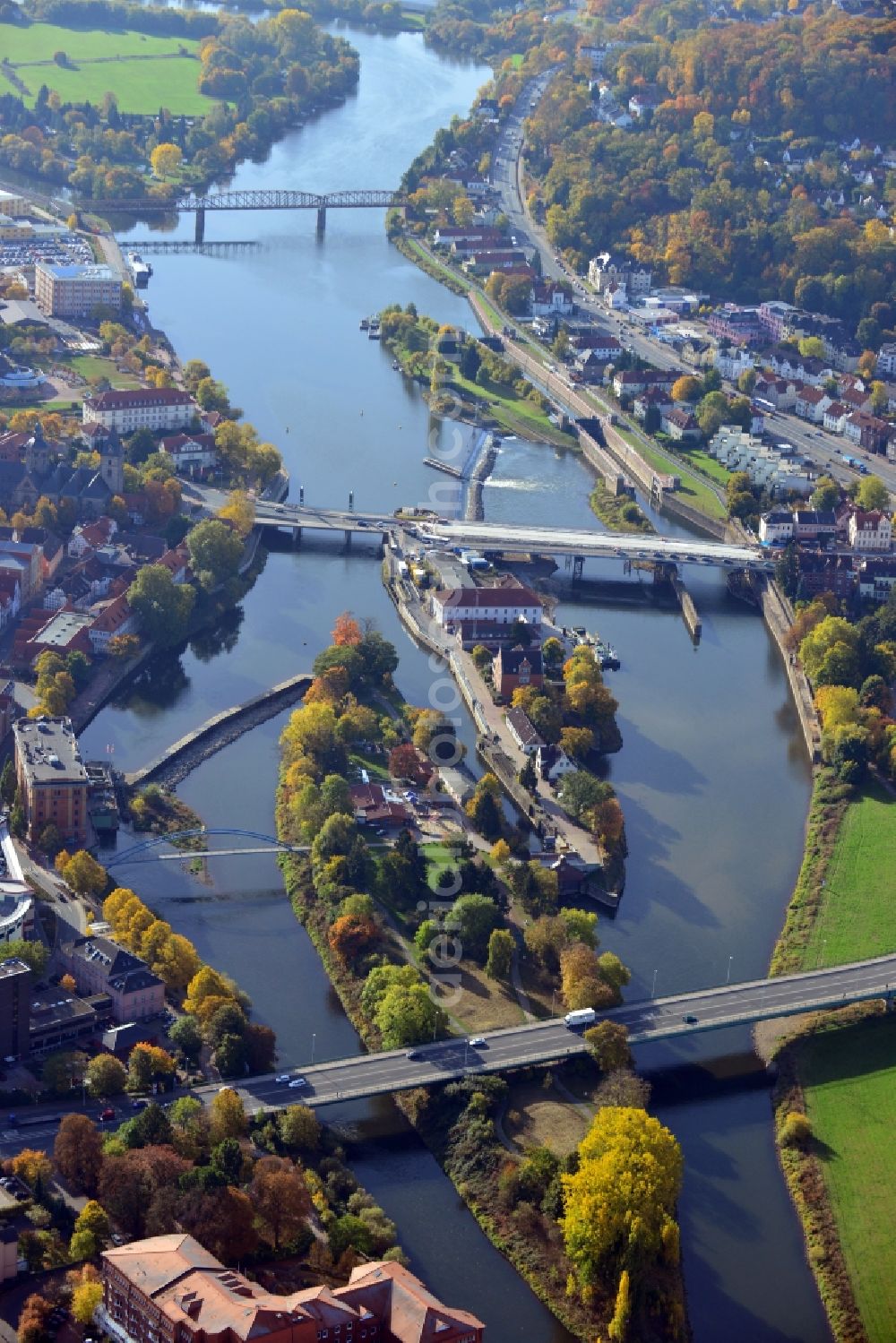Hameln from above - View of the Alte Schleuse (Old Lock) in Hamelin in the state Lower Saxony. Today the old lock is used as a hydroelectric power station for the generation electric power generation