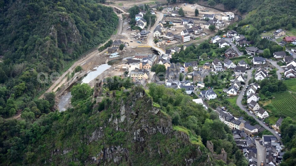 Altenahr from above - Altenahr after the flood disaster in the Ahr valley this year in the state Rhineland-Palatinate, Germany. Are Castle in the foreground