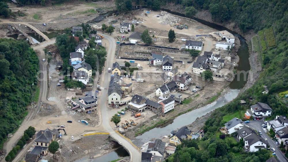 Altenahr from the bird's eye view: Altenahr after the flood disaster in the Ahr valley this year in the state Rhineland-Palatinate, Germany. Are Castle in the foreground