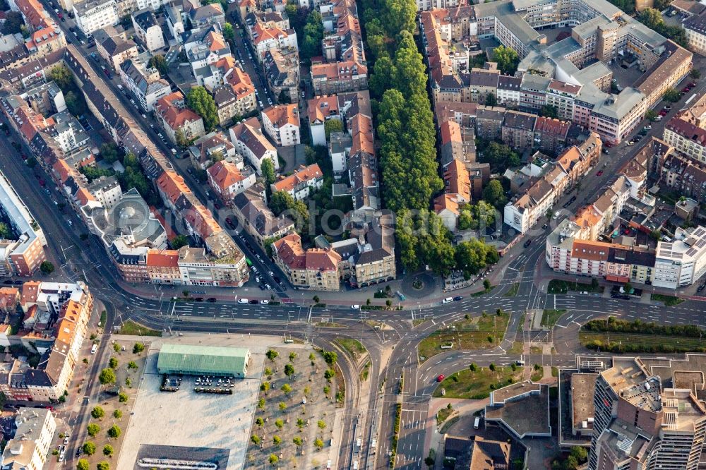Aerial image Mannheim - Ensemble space of Old Messplatz and music-hall old fire brigade in the inner city center of district Neckarstadt in Mannheim in the state Baden-Wurttemberg, Germany