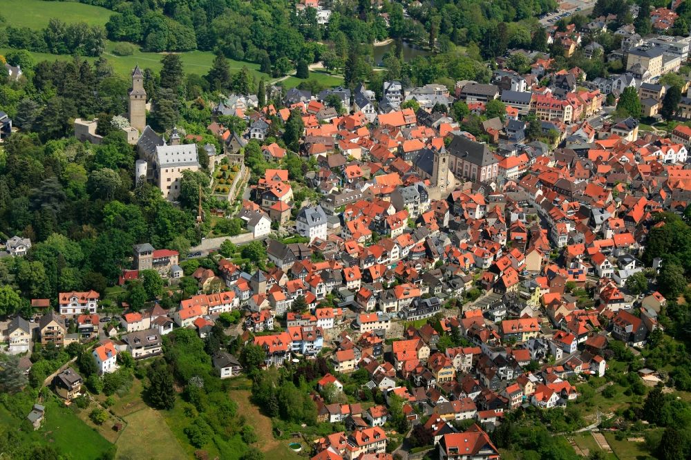 Kronberg im Taunus from above - Old town with its historic town center and the Kronberg castle in Kronberg im Taunus in Hesse
