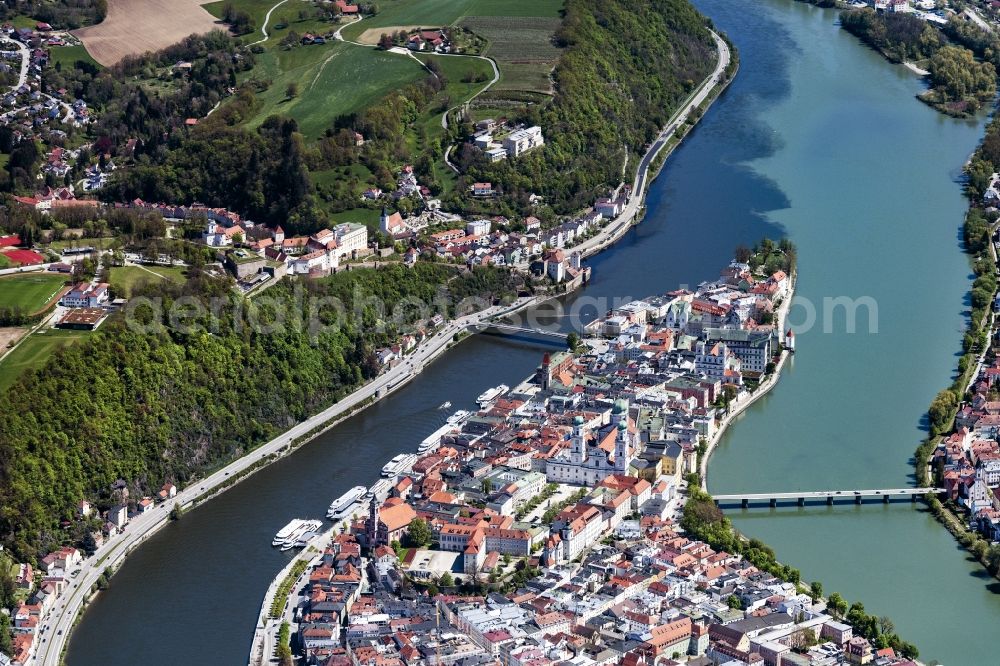 Aerial image Passau - Town on the banks of the river of Donau and of Inn in Passau in the state Bavaria, Germany