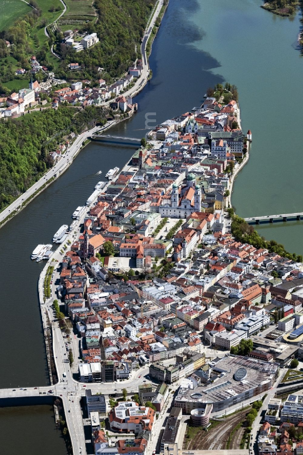 Passau from above - Town on the banks of the river of Donau and of Inn in Passau in the state Bavaria, Germany