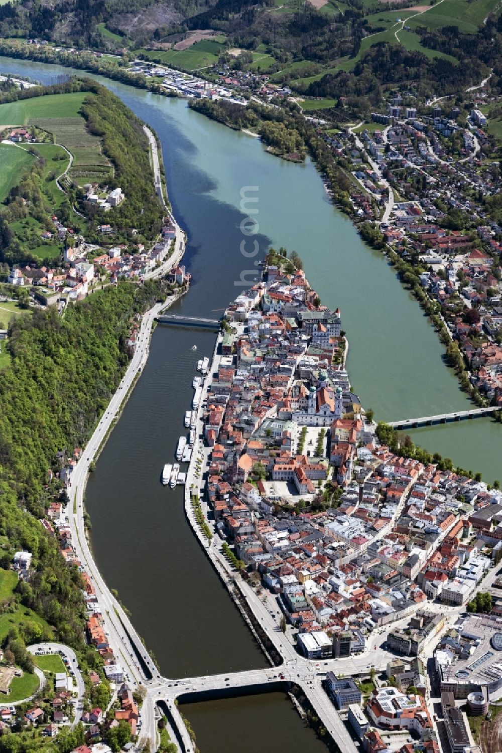 Passau from above - Town on the banks of the river of Donau and of Inn in Passau in the state Bavaria, Germany
