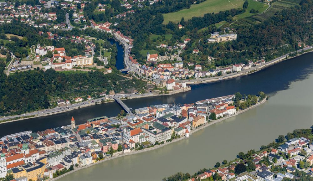 Aerial photograph Passau - Town on the banks of the river of Donau and of Inn in Passau in the state Bavaria, Germany
