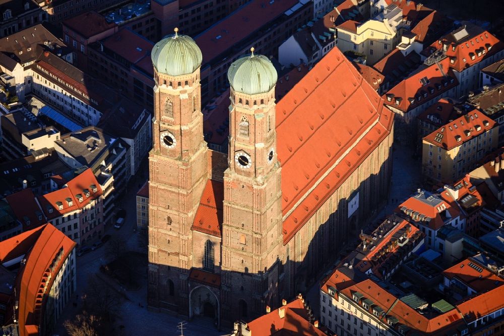 München from the bird's eye view: City view of the Old Town at the Frauenkirche at the New Town Hall in the center of Munich in Bavaria