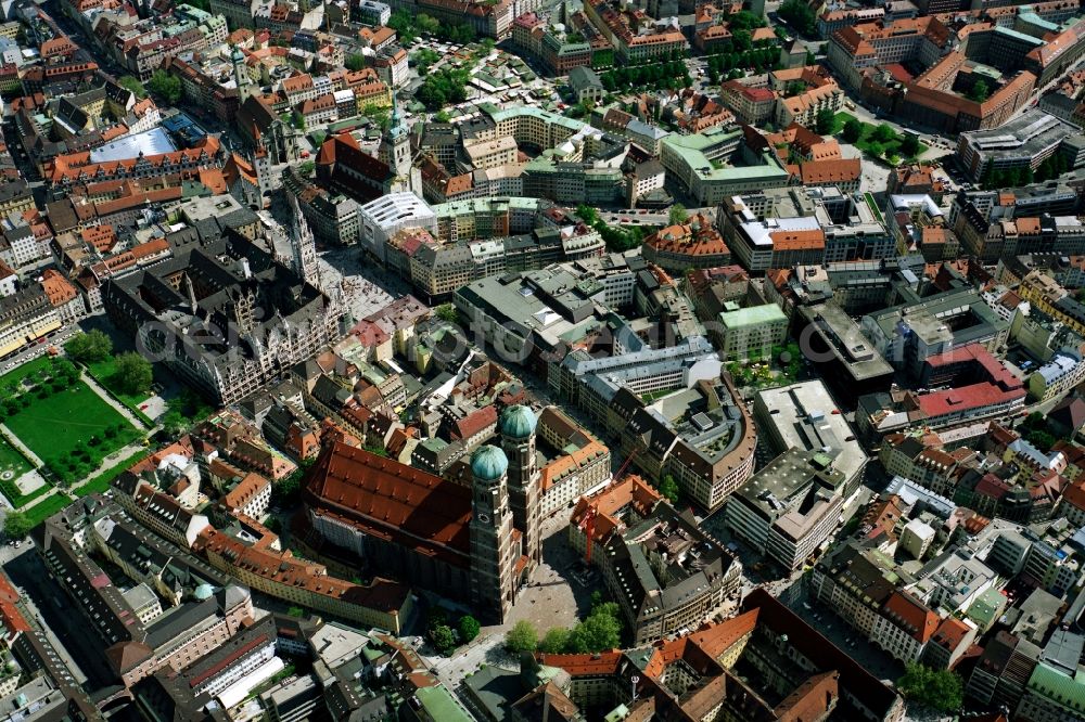 München from the bird's eye view: City view of the Old Town at the Frauenkirche at the New Town Hall in the center of Munich in Bavaria