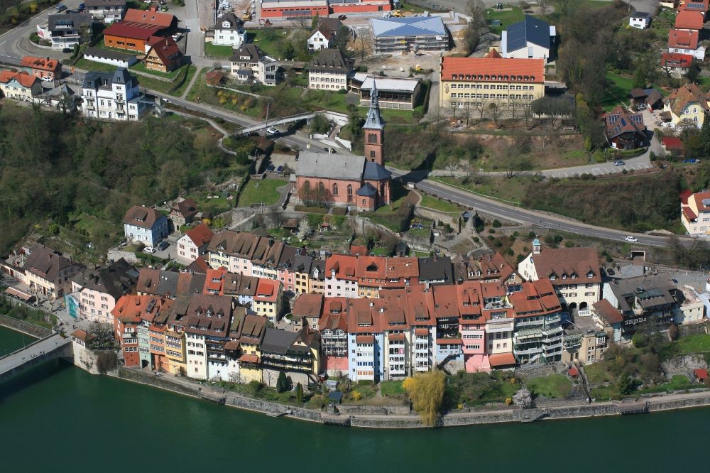 Laufenburg from above - City area with old town at the river Rhine in Laufenburg in the state Baden-Wuerttemberg, Germany