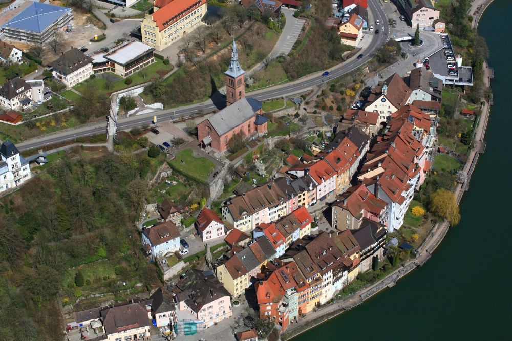 Laufenburg from the bird's eye view: City area with old town at the river Rhine in Laufenburg in the state Baden-Wuerttemberg, Germany