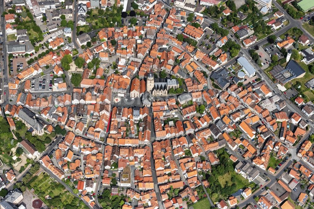 Alsfeld from the bird's eye view: Old Town area and city center in Alsfeld in the state Hesse, Germany