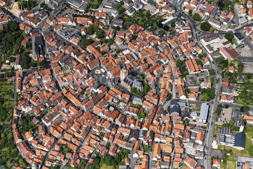 Alsfeld from above - Old Town area and city center in Alsfeld in the state Hesse, Germany