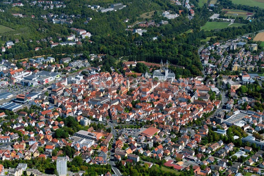Bad Mergentheim from the bird's eye view: Old Town area and city center between Oberer Graben and Unterer Graben in Bad Mergentheim in the state Baden-Wurttemberg, Germany