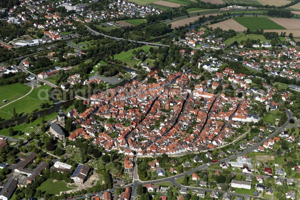Aerial image Bad Sooden-Allendorf - Old Town area and city center on street Ackerstrasse in Bad Sooden-Allendorf in the state Hesse, Germany