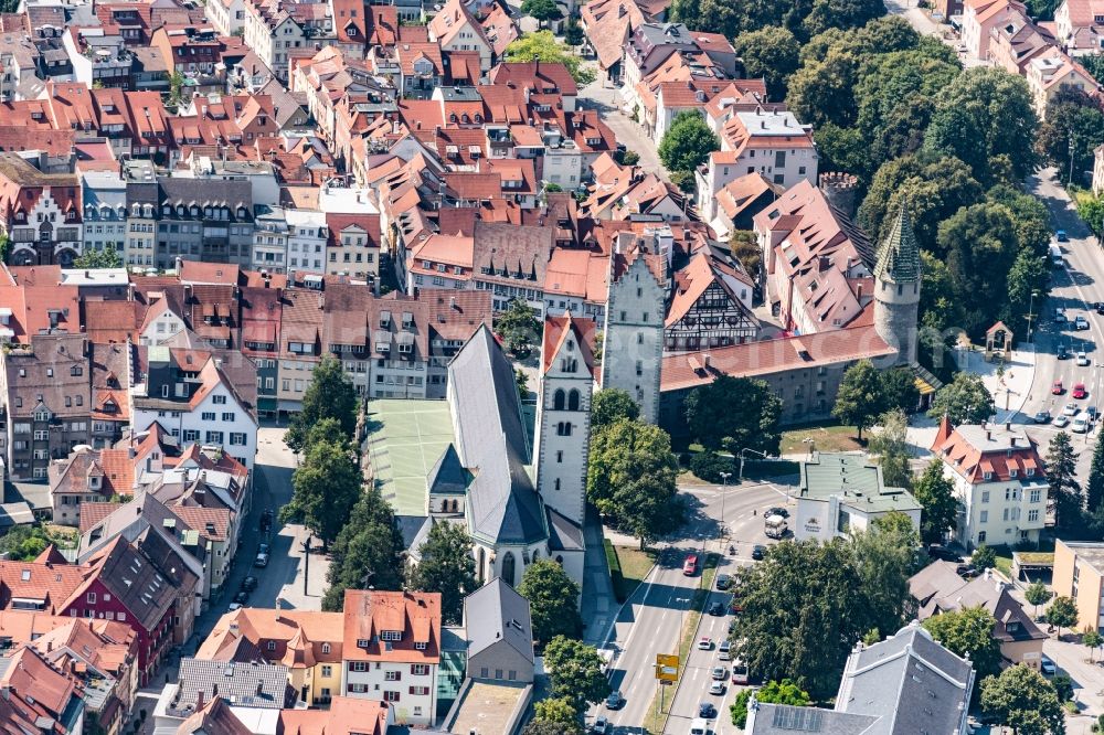 Ravensburg from above - Old Town area and city center with Blick auf das Frauentor and den Gruenen Turm in Ravensburg in the state Baden-Wurttemberg, Germany