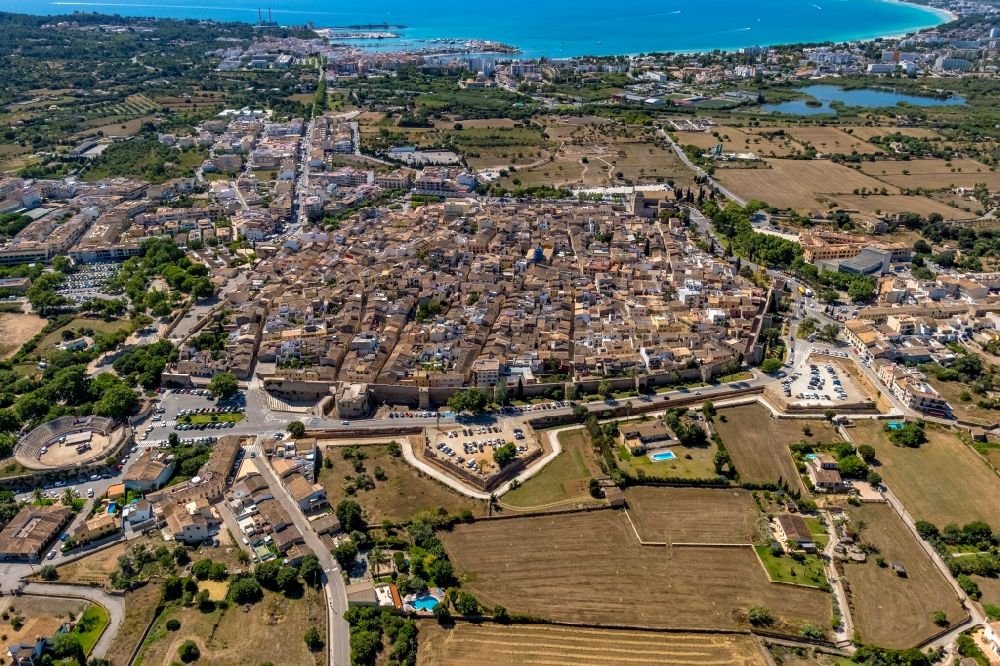 Aerial image Alcudia - Old Town area and city center overlooking the historic city wall in Alcudia in Balearische Insel Mallorca, Spain
