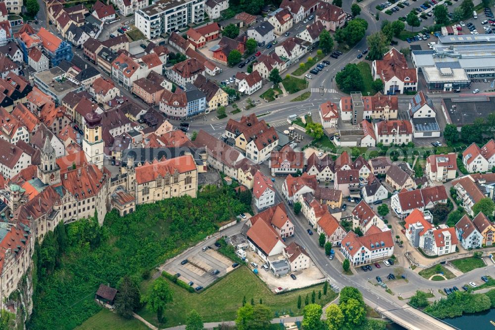 Aerial photograph Sigmaringen - Old Town area and city center An of Burgstrasse in Sigmaringen in the state Baden-Wuerttemberg, Germany