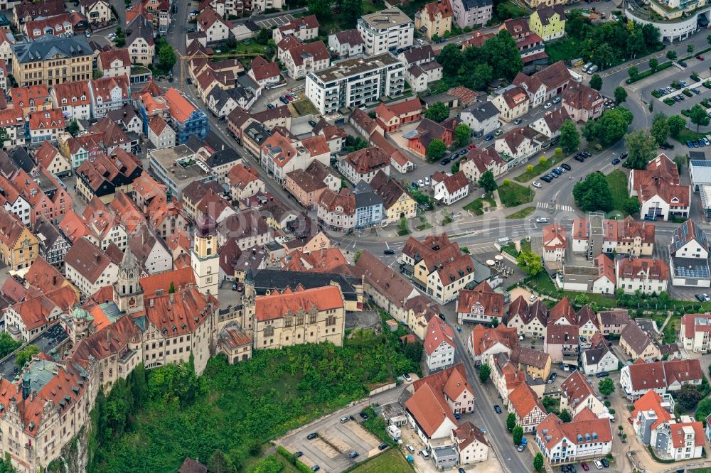 Sigmaringen from above - Old Town area and city center An of Burgstrasse in Sigmaringen in the state Baden-Wuerttemberg, Germany