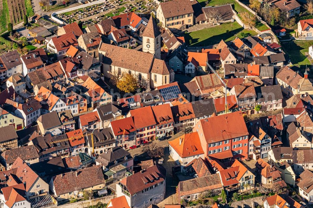 Burkheim from the bird's eye view: Old Town area and city center in Burkheim in the state Baden-Wurttemberg, Germany