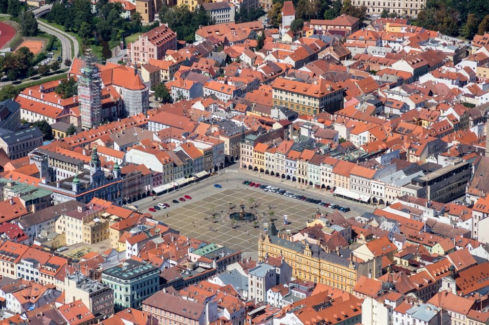 Aerial image Ceske Budejovice - Old Town area and city center in Ceske Budejovice in Jihocesky kraj, Czech Republic