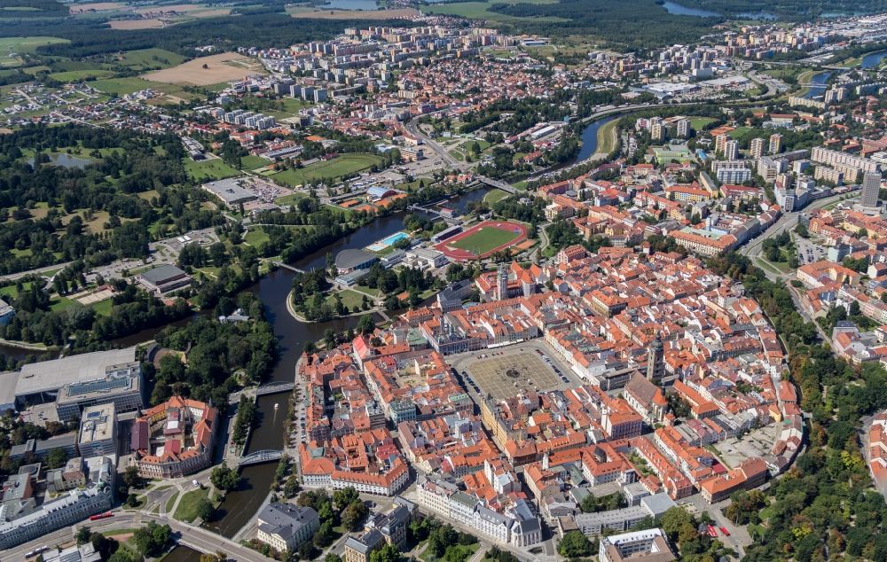 Ceske Budejovice from the bird's eye view: Old Town area and city center in Ceske Budejovice in Jihocesky kraj, Czech Republic