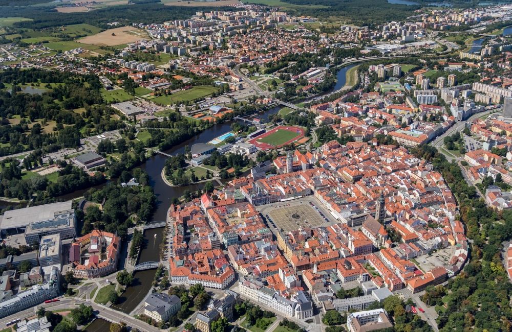 Aerial image Ceske Budejovice - Old Town area and city center in Ceske Budejovice in Jihocesky kraj, Czech Republic
