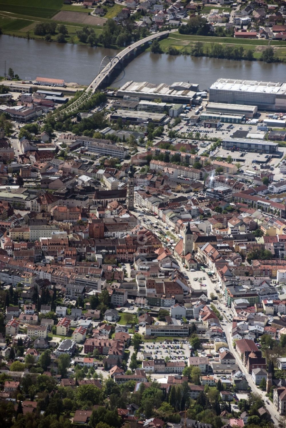 Deggendorf from the bird's eye view: Old Town area and city center in Deggendorf in the state Bavaria, Germany