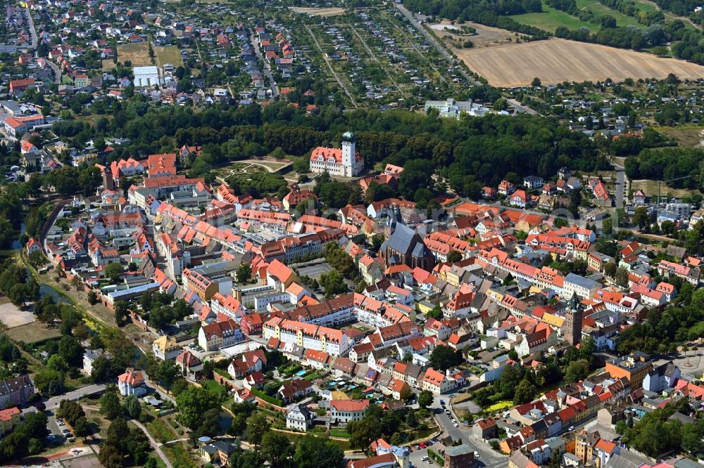 Delitzsch from above - Old Town area and city center with the church building of Stadtkirche St. Peter and Paul and the palace of the Barockschloss Delitzsch in Delitzsch in the state Saxony, Germany