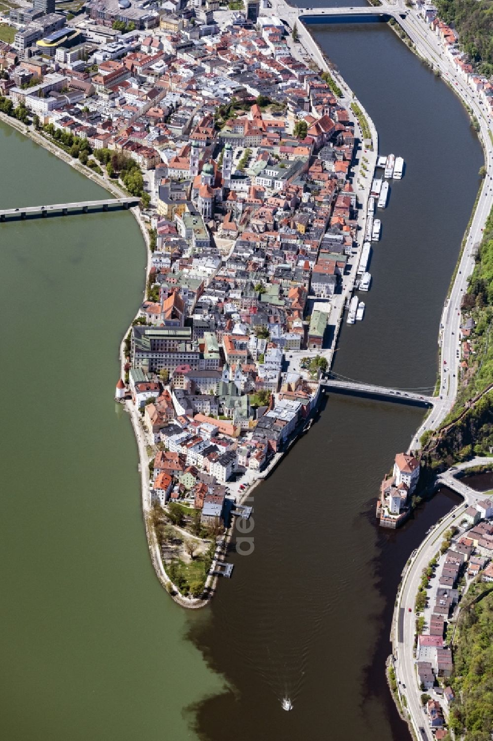 Passau from above - Old Town area and city center of Drei-Fluesse-Stadt in Passau in the state Bavaria, Germany