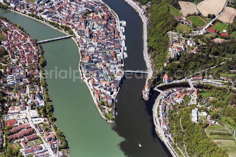 Aerial image Passau - Old Town area and city center of Drei-Fluesse-Stadt in Passau in the state Bavaria, Germany