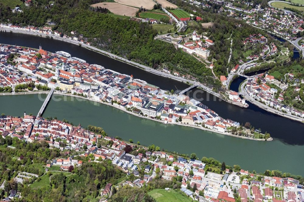 Aerial image Passau - Old Town area and city center of Drei-Fluesse-Stadt in Passau in the state Bavaria, Germany