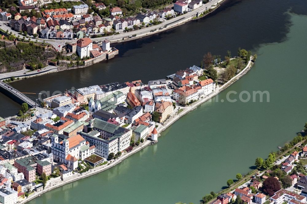 Passau from above - Old Town area and city center of Drei-Fluesse-Stadt in Passau in the state Bavaria, Germany