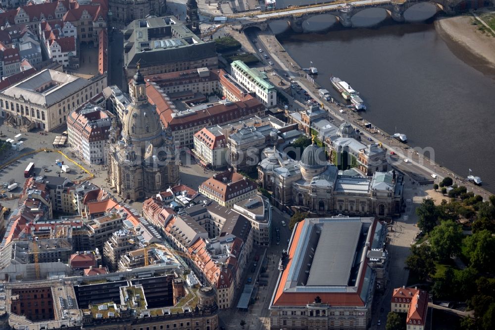 Aerial image Dresden - Old Town area and city center along the Salzgasse with the university building complex of Hochschule fuer Bildende Kuenste Dresden on Bruehlsche Terrasse on Georg-Treu-Platz in the district Altstadt in Dresden in the state Saxony, Germany